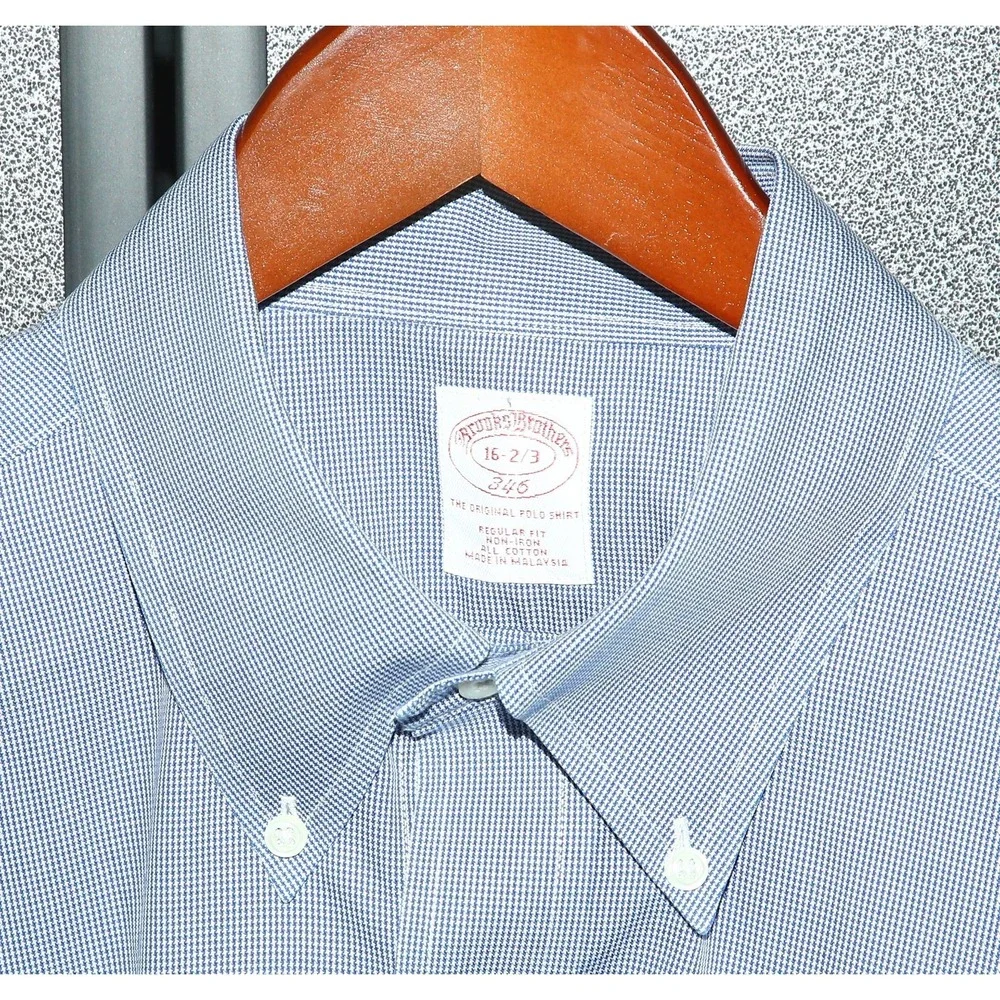 Brooks Brothers 346 Mens Shirt 16 2/3 Blue Check, Button Down, Non-Iron, Regular